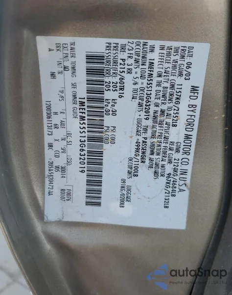 2003 Mercury Sable Ls Premium from USA, damaged, VIN 1MEFM55S13G632019